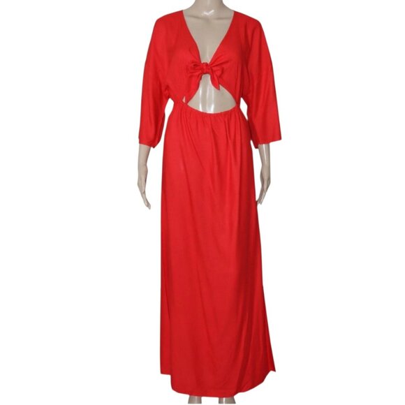 By Anthropologie Tie-Front Cover-Up Dress V Neck Red Long Slit Midi XXS - Picture 2 of 11